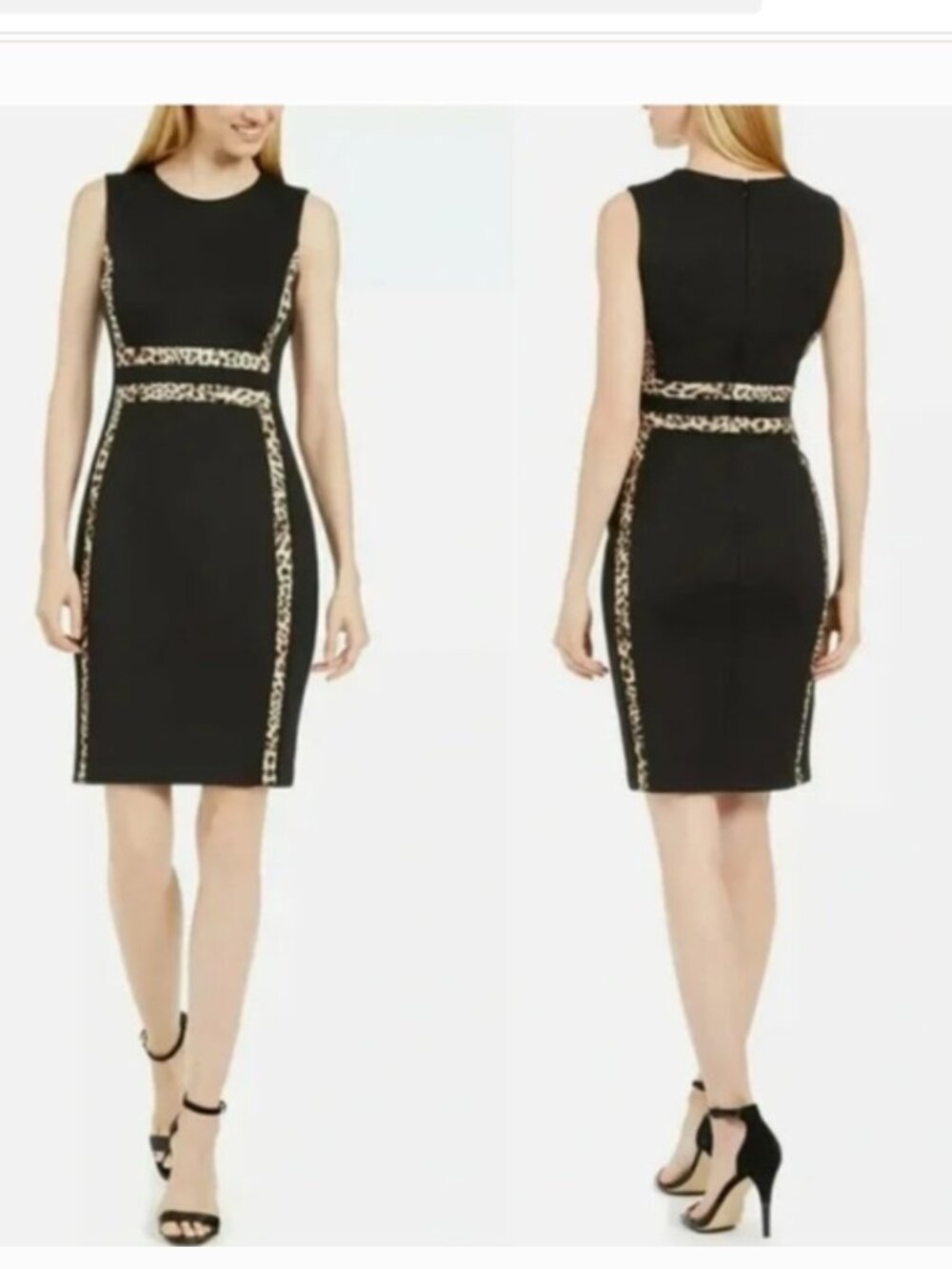 NWT Calvin Klein Black Leopard Scuba style Sheath Dress with Leopard Trim - Picture 5 of 15